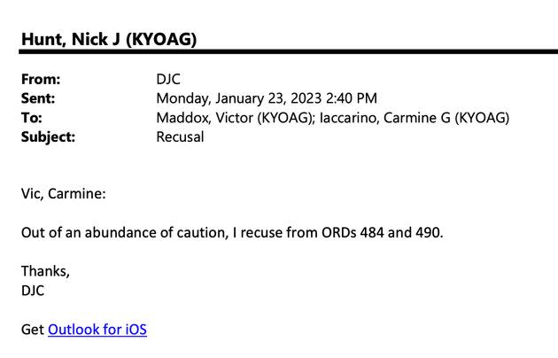 Kentucky Attorney General Daniel Cameron apparently sent only nine emails to senior staff in the first half of 2023. All nine are about recusing himself from various cases. They look like this.