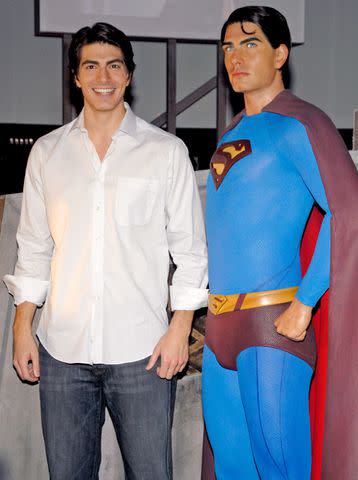 <p>G. Gershoff/WireImage</p> Brandon Routh with a Superman Wax Figure