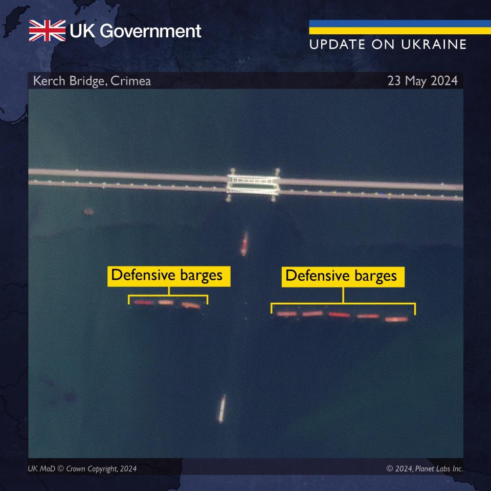 Satellite imagery captured on May 23 shows eight barges on the southern side of the Kerch bridge.