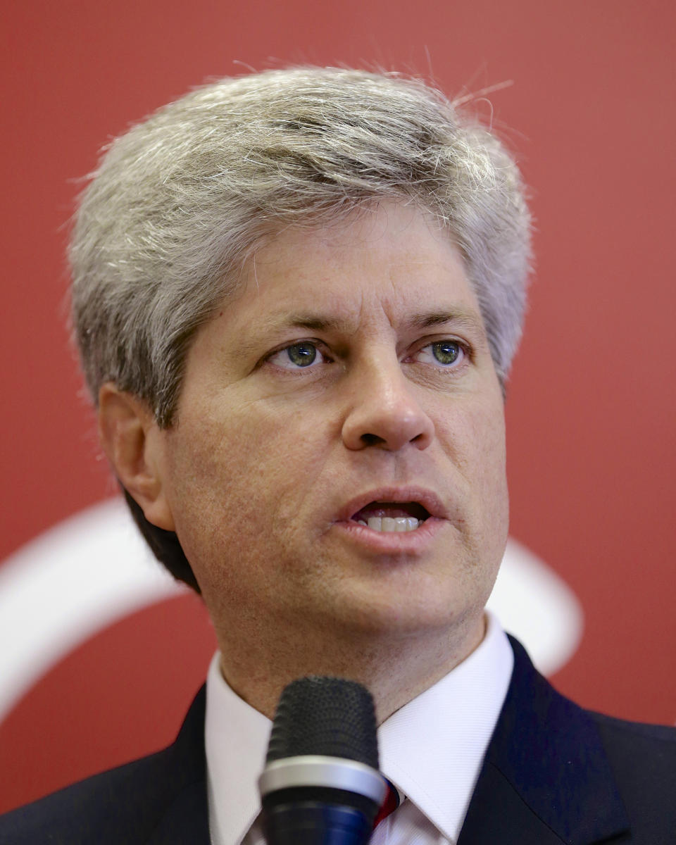 FILE - In this May 14, 2014, file photo, U.S. Rep. Jeff Fortenberry, R-Neb., speaks in Lincoln, Neb. Fortenberry expects to be charged with lying to the FBI while federal agents were investigating campaign contributions funneled to him from a Nigerian billionaire, the nine-term Republican said as he proclaimed his innocence and promised to fight the charges. In a YouTube video posted Monday night, Oct. 18, 2021, he said he was “shocked” and “stunned” by the allegations and asked his supporters to rally behind him. (AP Photo/Nati Harnik, File)