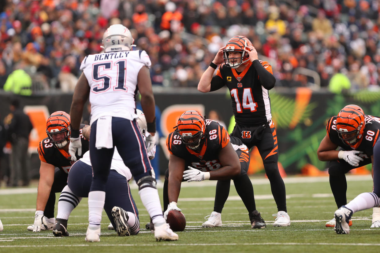 CINCINNATI, OH - DECEMBER 15: Cincinnati Bengals quarterback Andy Dalton (14) calls a play during the game against the New England Patriots and the Cincinnati Bengals on December 15th 2019, at Paul Brown Stadium in Cincinnati, OH. (Photo by Ian Johnson/Icon Sportswire via Getty Images)