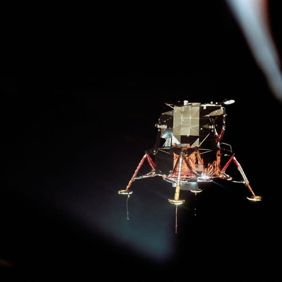 The Apollo 11 lunar module Eagle is seen from the Columbia command module in this photograph by command module pilot Michael Collins on July 20, 1969. Aboard the Eagle, Apollo 11 commander Neil Armstrong and lunar module pilot Buzz Aldrin prepa