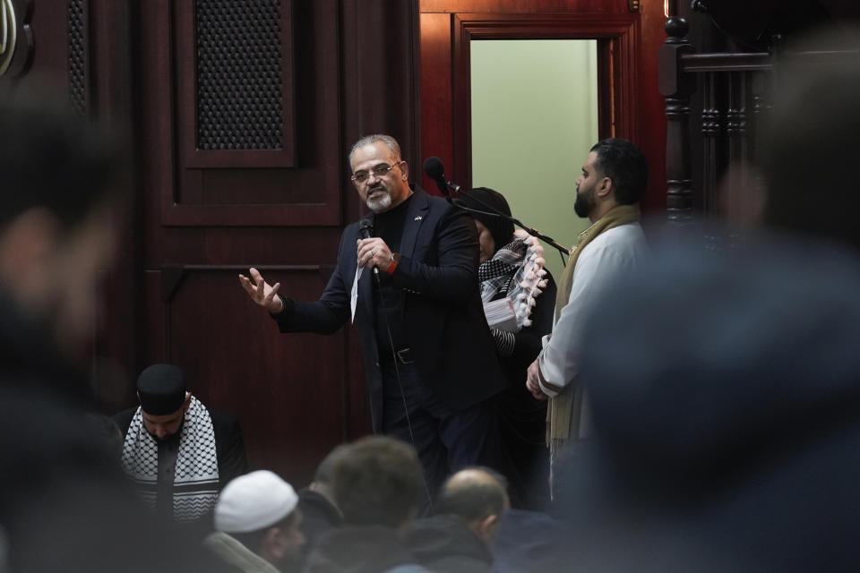 Khalid Turaani, co-chair of the Abandon Biden campaign in Michigan, speaks at the Islamic Center of Detroit in Detroit, Friday, Jan. 26, 2024. President Joe Biden's campaign manager has traveled to Michigan, where many Arab American leaders are enraged over the administration's policy toward Israel, and found some top activists unwilling to meet. (AP Photo/Paul Sancya)