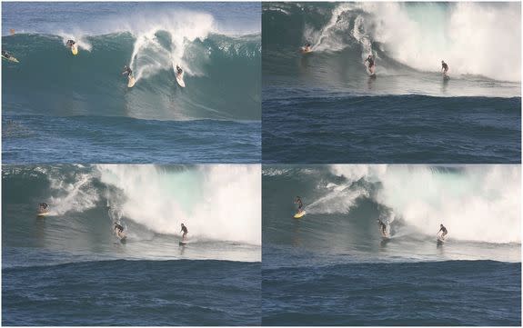 The surfer (top left, on yellow and red board) overbalancing while riding a roughly 30-foot (10 meters) wave at Waimea Bay. He momentarily dipped his face into the water while travelling at top speed, and recovered his balance and continued sur