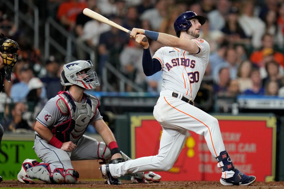 Houston Astros outfielder Kyle Tucker (30) watches his three-run home run against the Guardians during the fifth inning of Tuesday night's game. The Astros won 7-3. [Eric Christian Smith/Associated Press]