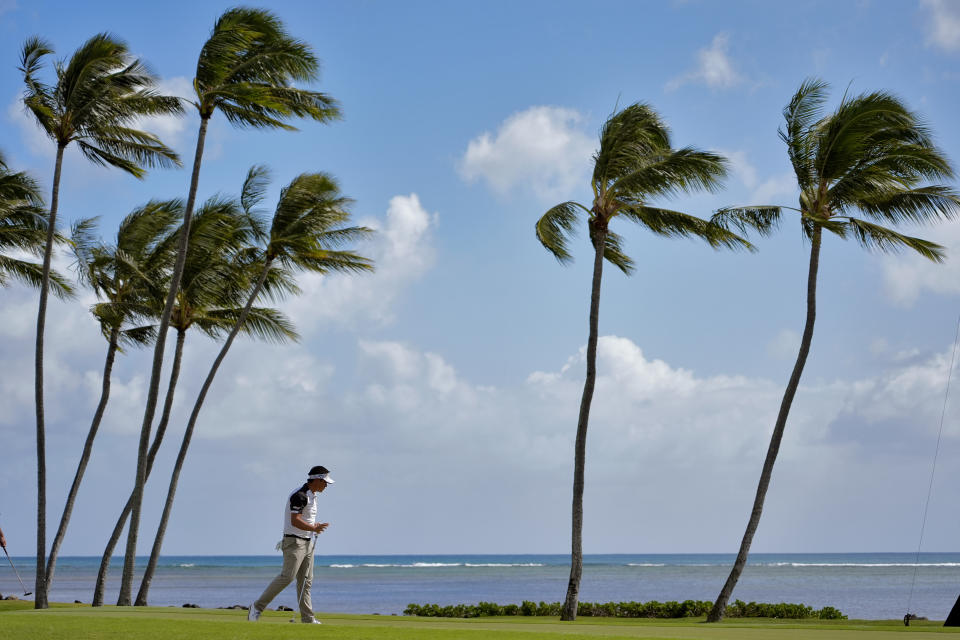 Carl Yuan celebrates his shot on the 17th green during the second round of the Sony Open golf event, Friday, Jan. 12, 2024, at Waialae Country Club in Honolulu. (AP Photo/Matt York)