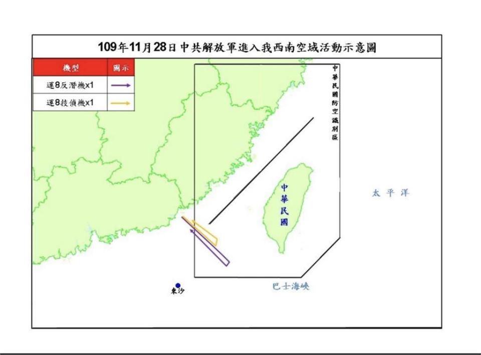 中國軍機分別1架「運8反潛機」及「運8技術偵察機」今（28）日進入台灣西南空域防空識別區（ADIZ）。（圖／國防部提供）