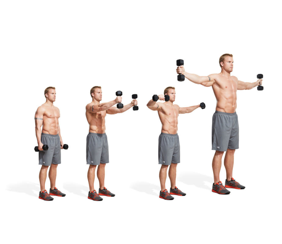 How to do it:<ul><li>Hold dumbbells at your sides with palms facing you.</li><li>Raise the weights up in front of you to shoulder level with thumbs pointing up.</li><li>Complete 12–15 reps and then raise the weights out to your sides 90 degrees (bend your elbows a bit as you lift).</li><li>Complete your reps and then switch to a lighter pair of dumbbells. </li><li>Raise them out to your sides and up to ear level with straight arms and thumbs pointing up.</li><li>Hold this position for 30 seconds. Squeeze your glutes to help support you.</li></ul>