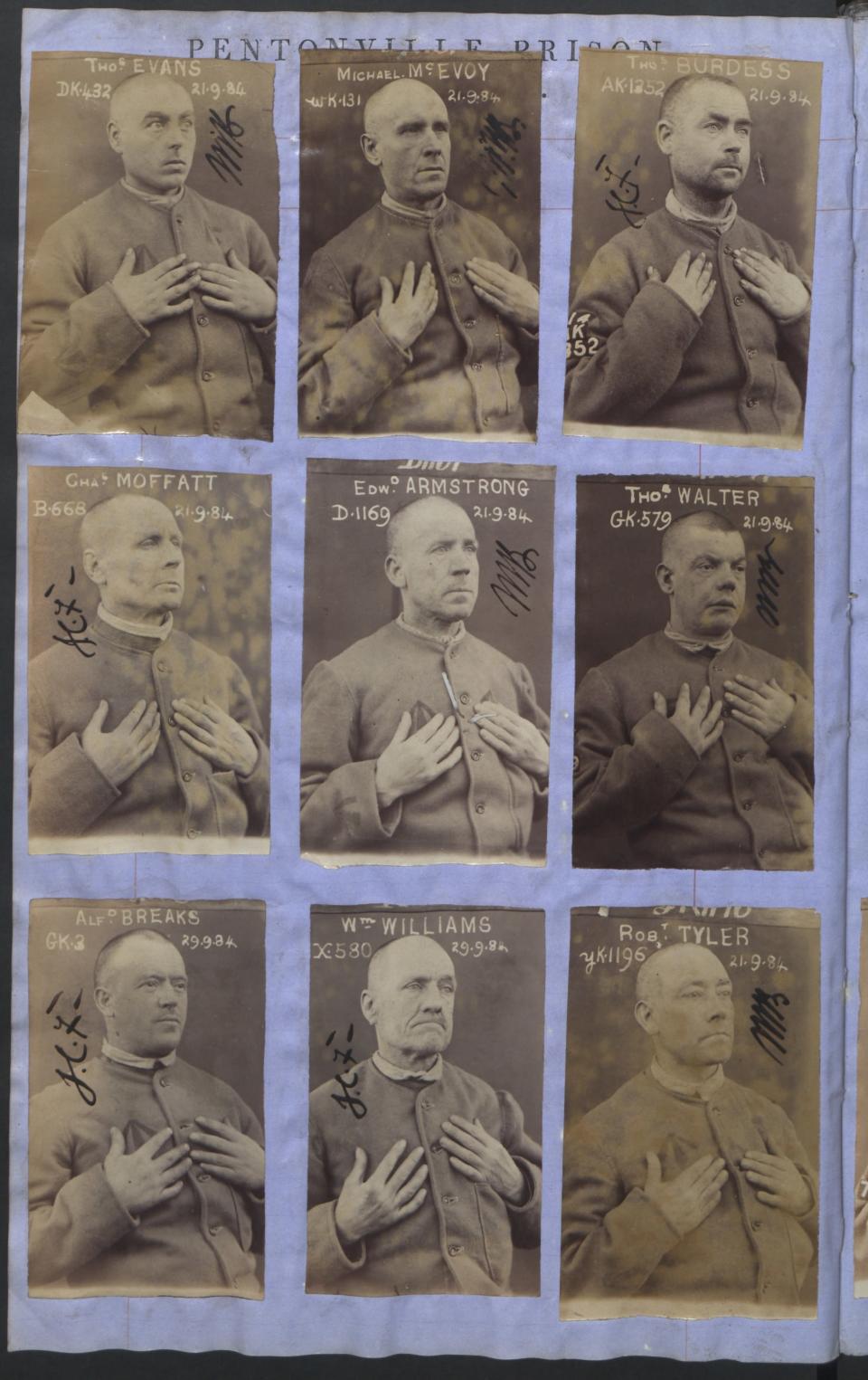 A selection of 'mugshots' from the late 1880s shows male criminals holding their hands to their chests to help identify themselves, as many had lost fingers in agricultural accidents or had tattoos. Bottom left is Alfred Breaks, a miner who had six convictions for including assault, theft, and for being a 'vagabond'. He was tried in 1884, found guilty sentenced to 7 years of penal servitude.