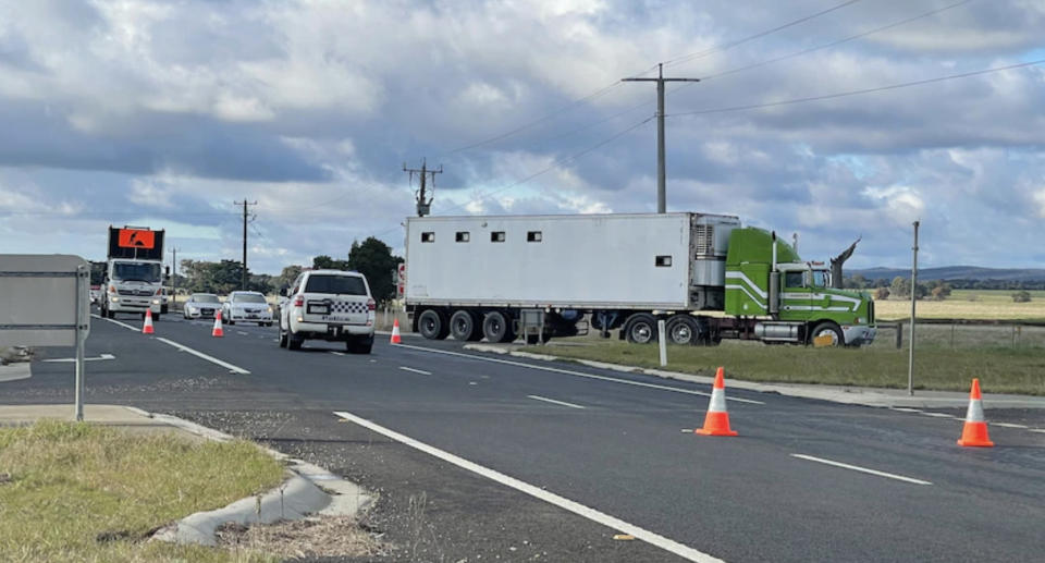 A truck and other vehicles are stopped on a country road