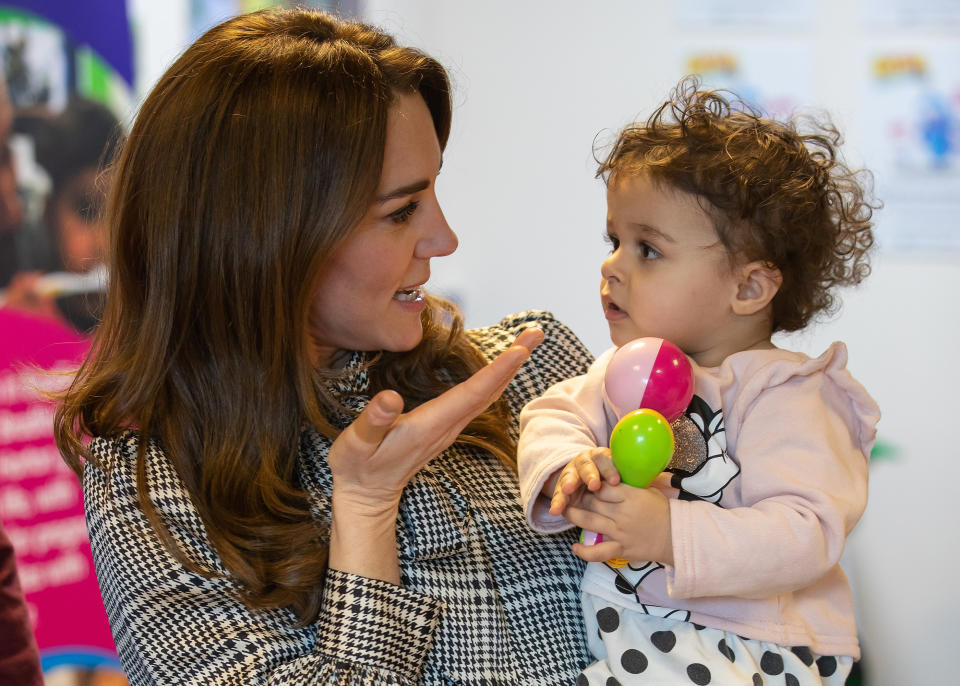 BRADFORD, ENGLAND - JANUARY 15: Catherine, Duchess of Cambridge meets 18 Month old Sorayah Ahmad at the Khidmat Centre on January 15, 2020 in Bradford, United Kingdom. (Photo by Charlotte Graham - WPA Pool/Getty Images)