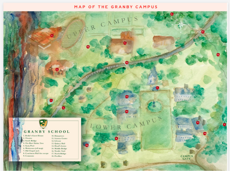 A map of the Granby School campus, the fictional boarding school in 