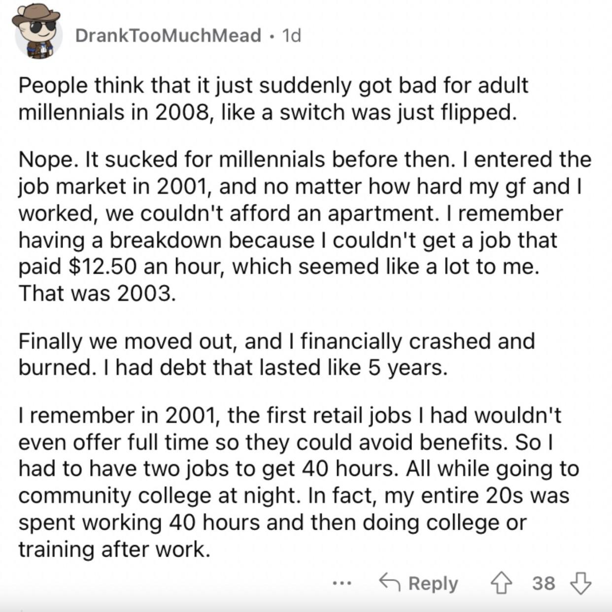 Reddit screenshot about the struggles in the job market back in the day.