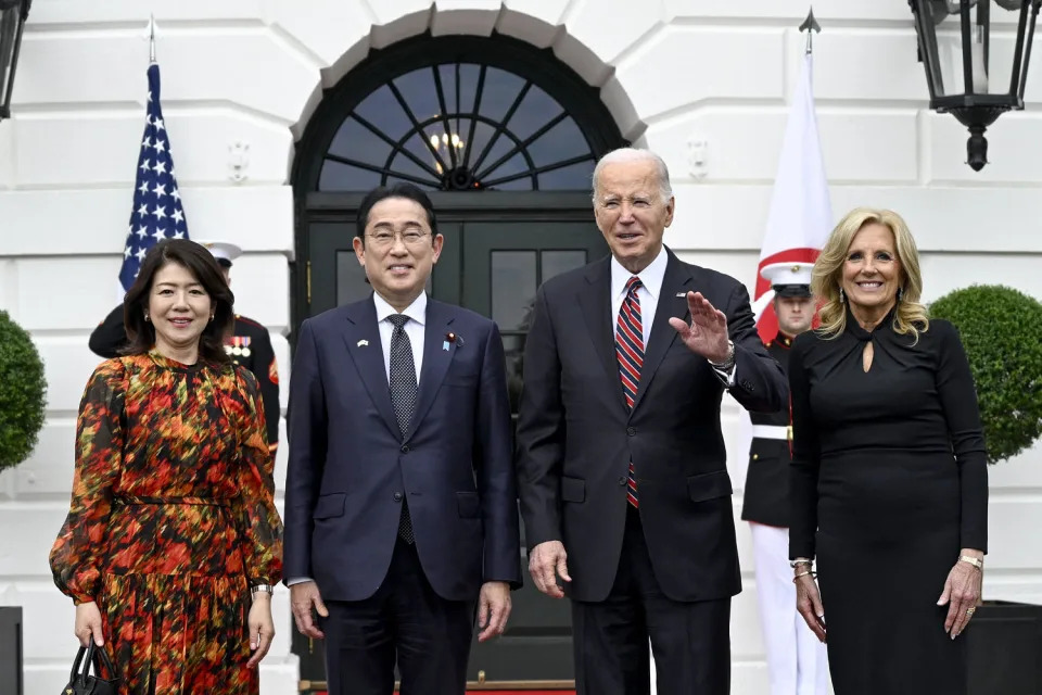 From left, Yuko Kishida, Fumio Kishida, Joe Biden and Jill Biden at the South Portico of the White House (Andrew Caballero-Reynolds / AFP - Getty Images)