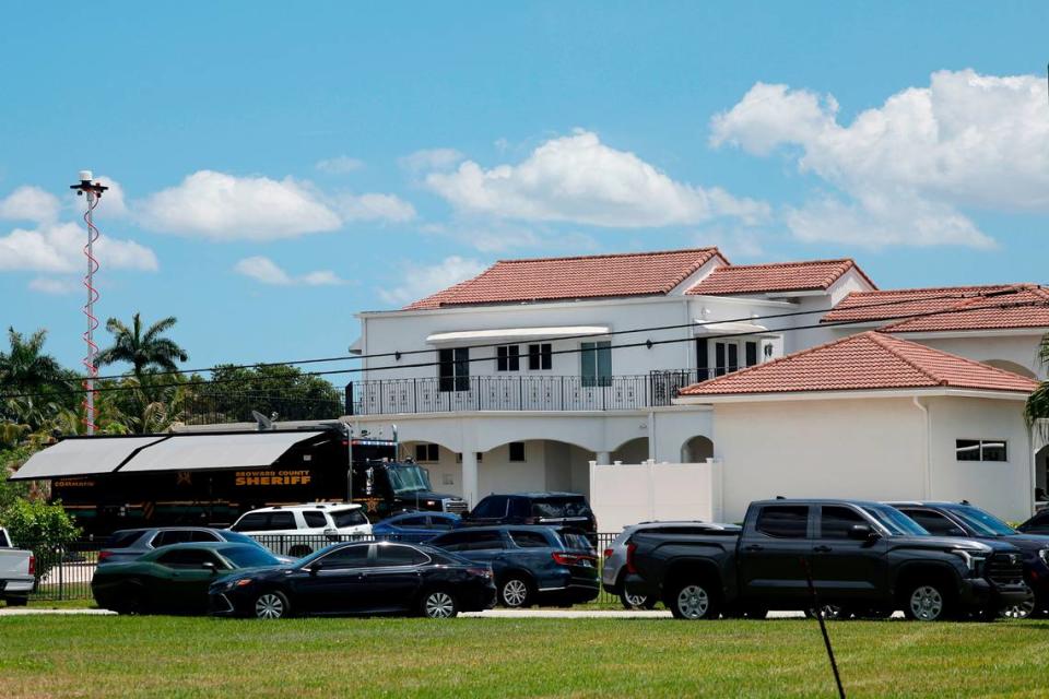 Sean Kingston’s Southwest Ranches home is shown during a raid by the Broward Sheriff’s Office on Thursday, May 23, 2024. A woman named Janice Turner, 61, was arrested on “numerous fraud and theft charges,” during the raid at the sprawling white mansion in the 4600 block of Southwest 178th Avenue, spokesperson Carey Codd said in a media release. Turner is Kingston’s mother, according to reports. (Amy Beth Bennett / South Florida Sun Sentinel)