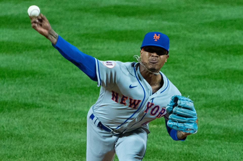 Apr 6, 2021; Philadelphia, Pennsylvania, USA; New York Mets starting pitcher Marcus Stroman (0) pitches during the second inning against the Philadelphia Phillies at Citizens Bank Park. Mandatory Credit: Bill Streicher-USA TODAY Sports