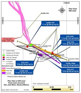 Plan view of the Yessi vein, San Jose Mine. Refer Figure 9 for the long-section view (A-A’).