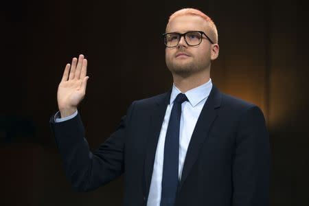Former Cambridge Analytica research director Christopher Wylie is sworn in during a Senate Judiciary Committee hearing titled, "Cambridge Analytica and the Future of Data Privacy" on Capitol Hill in Washington, U.S., May 16, 2018. REUTERS/Al Drago