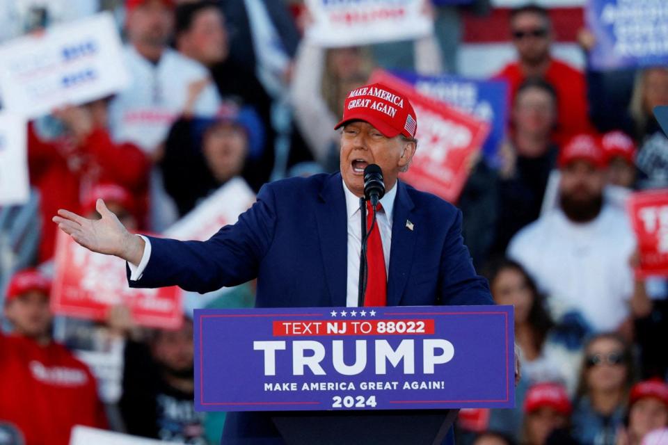 PHOTO: Former U.S. President and Republican presidential candidate Donald Trump attends a campaign rally in Wildwood, N.J., May 11, 2024.  (Evelyn Hockstein/Reuters)