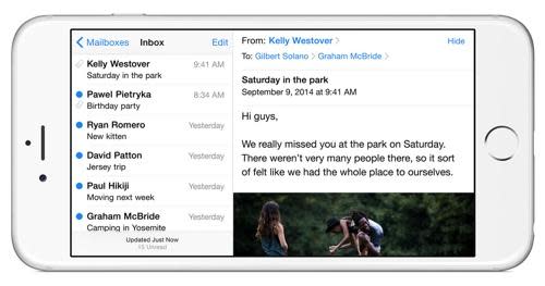 iPhone Mail program in landscape view
