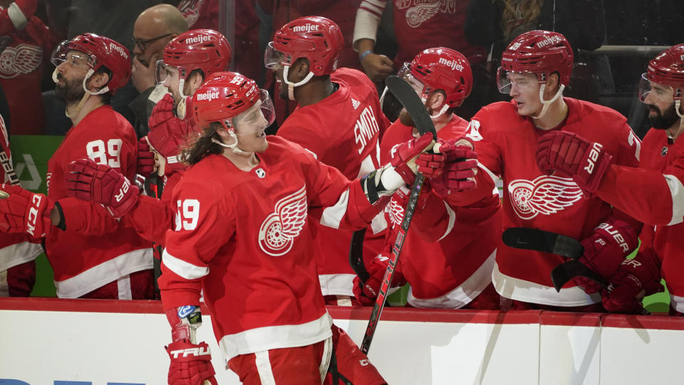 Detroit Red Wings left wing Tyler Bertuzzi (59) celebrates his goal against the Dallas Stars in the third period of an NHL hockey game Friday, Jan. 21, 2022, in Detroit. (AP Photo/Paul Sancya)