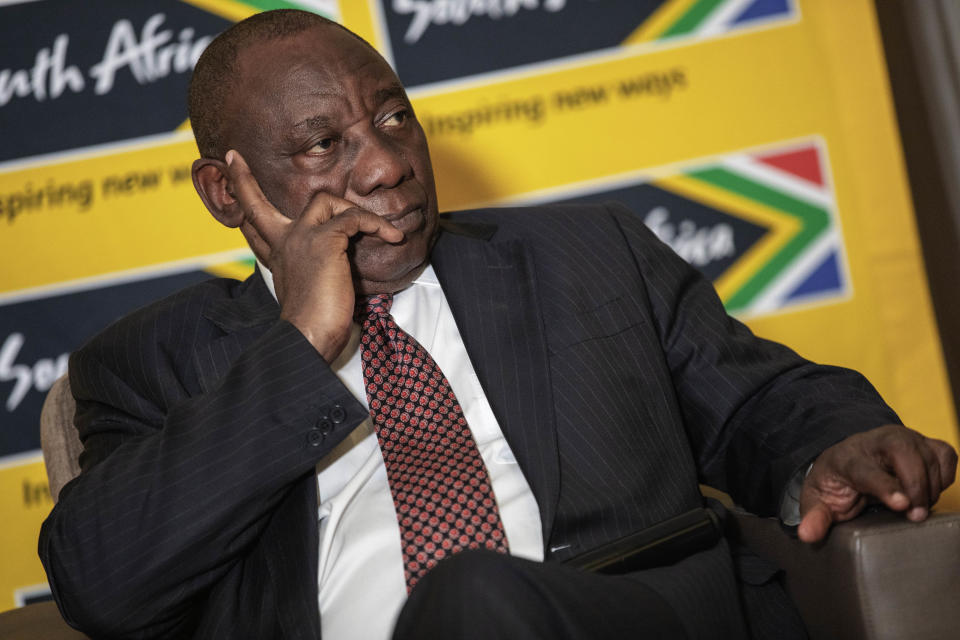 South African President Cyril Ramaphosa addresses members of the Foreign Correspondents Association in Johannesburg, Thursday, Nov. 1, 2018. Ramaphosa said his country has survived a "dark period" when corruption was rampant and is now focused on achieving economic growth and land reform to win popular support in general elections next year. (Gianluigi Guercia/Pool Photo via AP)