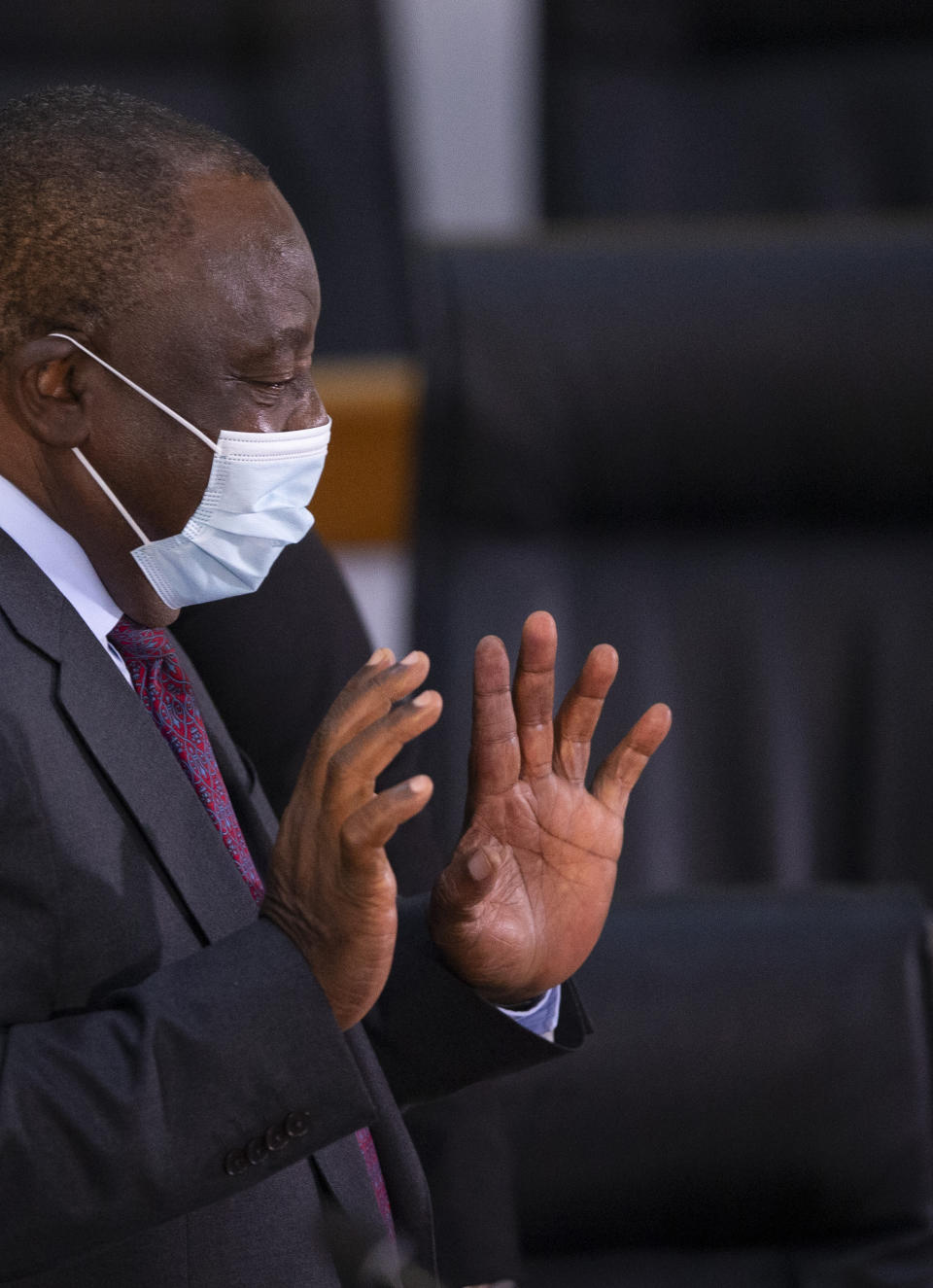 South African President Cyril Ramaphosa appears on behalf of the ruling African National Congress party at the Zondo Commission of Inquiry into state corruption in Johannesburg, South Africa, Thursday, April 29, 2021. Ramaphosa says rampant corruption has seriously damaged South Africa’s economy and people’s trust in the government. (AP Photo/Kim Ludbrook/Pool)