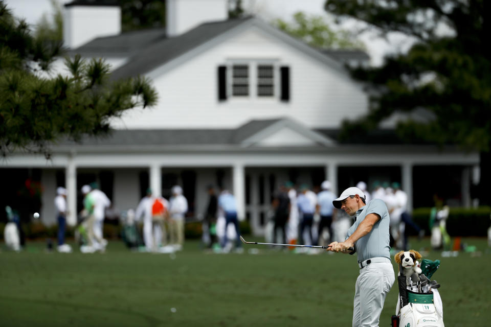 Rory McIlroy, of Northern Ireland, practices on the driving range at the Masters golf tournament Tuesday, April 9, 2019, in Augusta, Ga. (AP Photo/Matt Slocum)