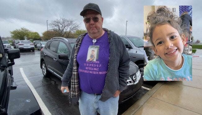 Don Ross wears a T-shirt with a photo of his granddaughter, Grace Ross, on April 19, 2021 outside St. Joseph County Probate Court. in South Bend.