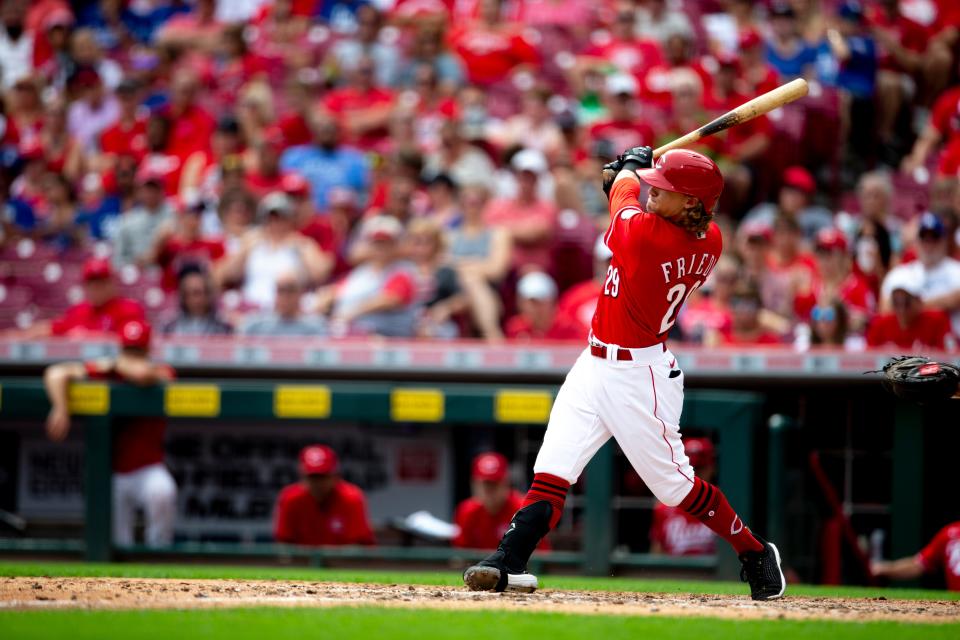 Cincinnati Reds left fielder TJ Friedl (29) hits his first home run of his MLB career in the sixth inning of the MLB baseball game between the Cincinnati Reds and the Los Angeles Dodgers on Sunday, Sept. 19, 2021, at Great American Ball Park in Cincinnati. 