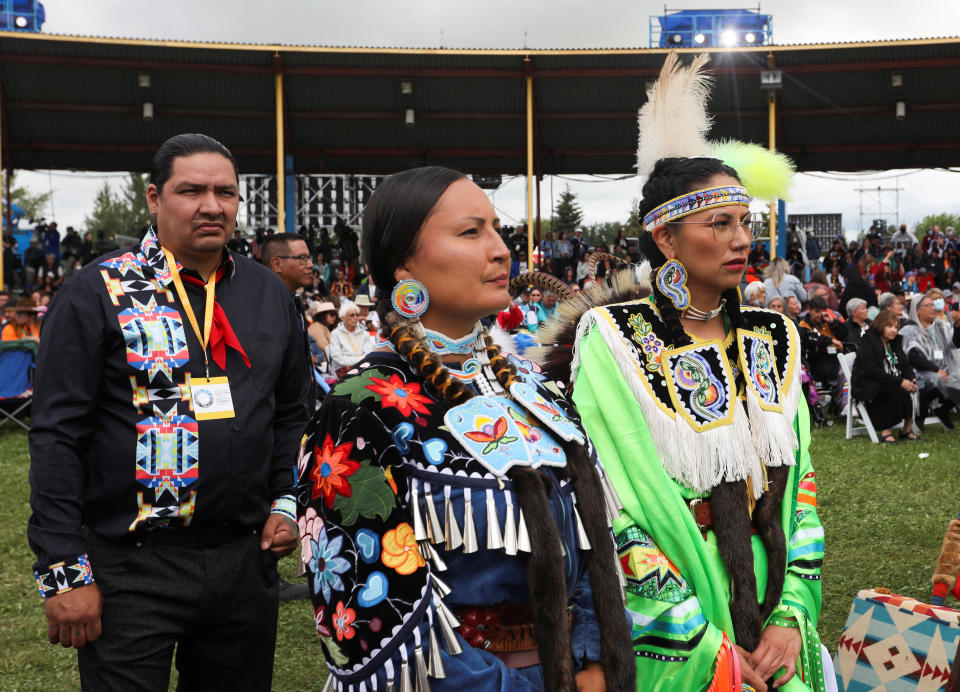 <p>People look on as Pope Francis meets with First Nations, Metis and Inuit indigenous communities in Maskwacis, Alberta, Canada July 25, 2022. REUTERS/Amber Bracken</p> 