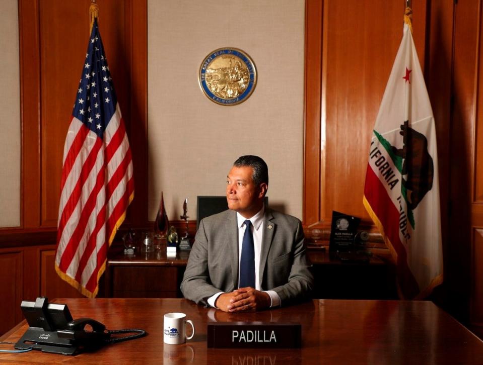 Secretary of State Alex Padilla is photographed in his office on Monday, July 29, 2019, in Sacramento, Calif.