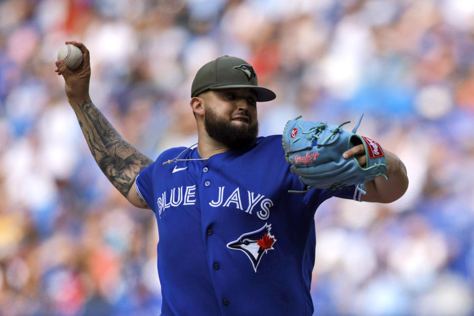 Toronto Blue Jays starting pitcher Alek Manoah (6) pitches during the first inning of a baseball game against the Baltimore Orioles in Toronto, Saturday, May 20, 2023. (Cole Burston/The Canadian Press via AP)