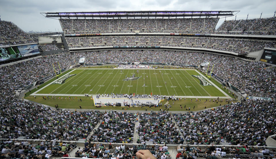 FILE - Lincoln Financial Field is shown during the first half of an NFL football game between the Philadelphia Eagles and the New York Giants, Sunday, Sept. 25, 2011, in Philadelphia. There are 23 venues bidding to host soccer matches at the 2026 World Cup in the United States, Mexico and Canada. (AP Photo/Michael Perez, File)