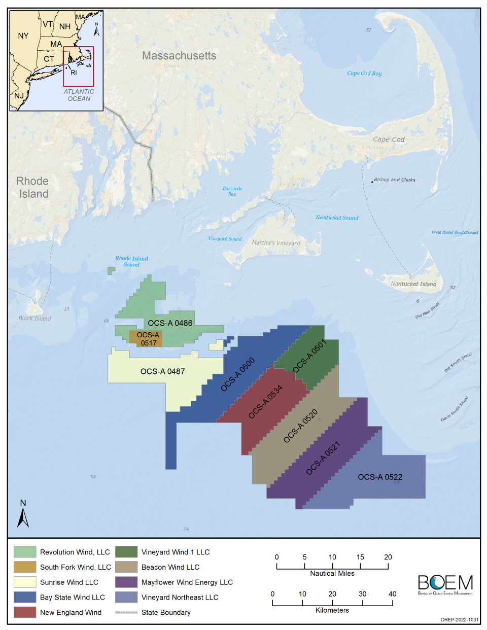 This map shows the offshore wind lease areas off the Massachusetts and Rhode Island coasts.