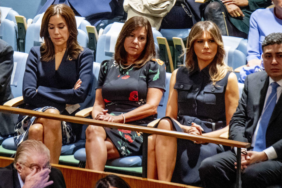 Princess Mary, left, was seen looking down as Melania Trump listened to her husband address the General Assembly. (Photo: AAP)