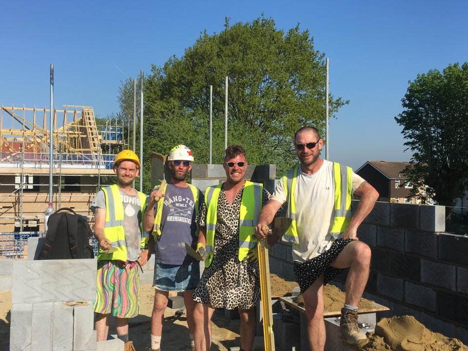 Construction workers opt for a breezy look including dresses and skirts. Their dress code says “no shorts” but doesn’t prevent them from wearing dresses. (Photo: Chad Cusselle via Facebook)