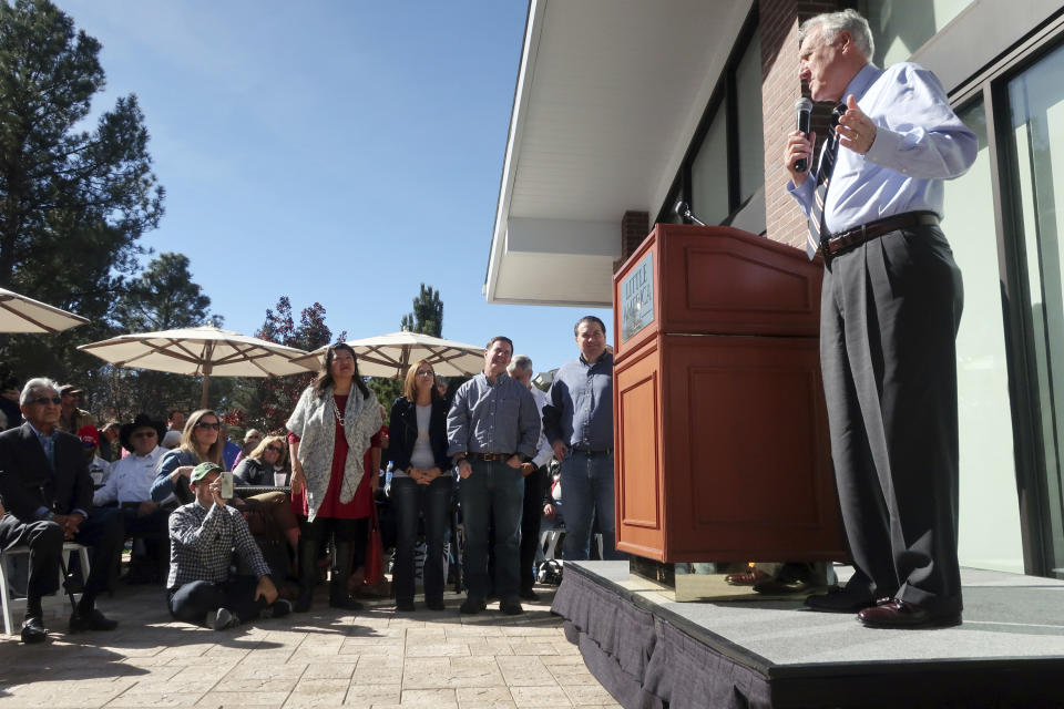 Arizona U.S. Sen. Jon Kyl speaks at a Republican rally on Monday, Nov. 5, 2018 in Flagstaff, Ariz. (AP Photo/Felicia Fonseca)