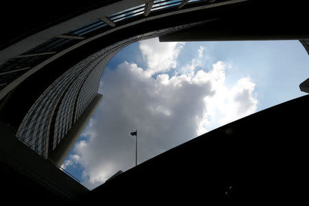 The flag of the International Atomic Energy Agency (IAEA) flutters in front of their headquarters in Vienna, Austria June 4, 2018. REUTERS/Leonhard Foeger