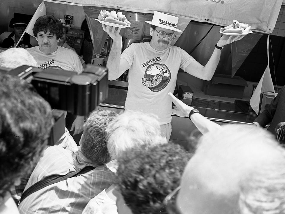 Contestants at the Nathan's Hot Dog Eating Contest at Coney Island, July 4, 1987.