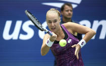 Anna Blinkova, of Russia, returns a shot to Naomi Osaka, of Japan, during the first round of the US Open tennis tournament Tuesday, Aug. 27, 2019, in New York. (AP Photo/Michael Owens)