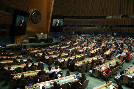 Israeli Ambassador to the United Nations Danny Danon addresses a United Nations General Assembly meeting ahead of a vote on a draft resolution that would deplore the use of excessive force by Israeli troops against Palestinian civilians at U.N. headquarters in New York, U.S., June 13, 2018. REUTERS/Mike Segar