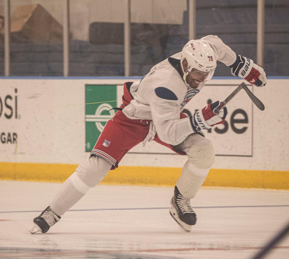 K'Andre Miller skates during the first day of the New York Rangers training camp at their practice facility in Greenburgh, N.Y. Sept. 19, 2024.