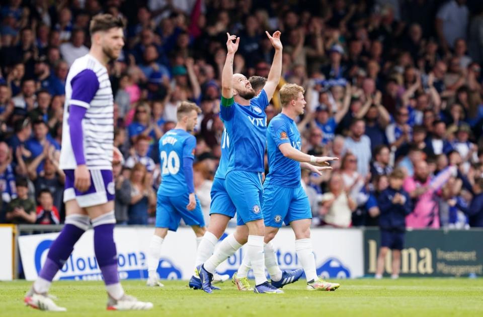 Paddy Madden celebrates scoring in Stockport’s 2-0 win over Halifax (Martin Rickett/PA) (PA Wire)