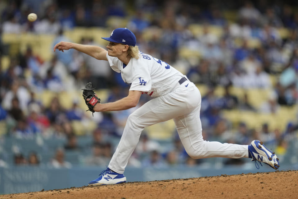 Los Angeles Dodgers relief pitcher Phil Bickford (52) throws during the ninth inning of a baseball game against the Washington Nationals in Los Angeles, Wednesday, May 31, 2023. (AP Photo/Ashley Landis)