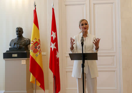 Madrid's regional president Cristina Cifuentes gestures while announcing her resignation in Madrid, Spain, April 25, 2018. REUTERS/Susana Vera