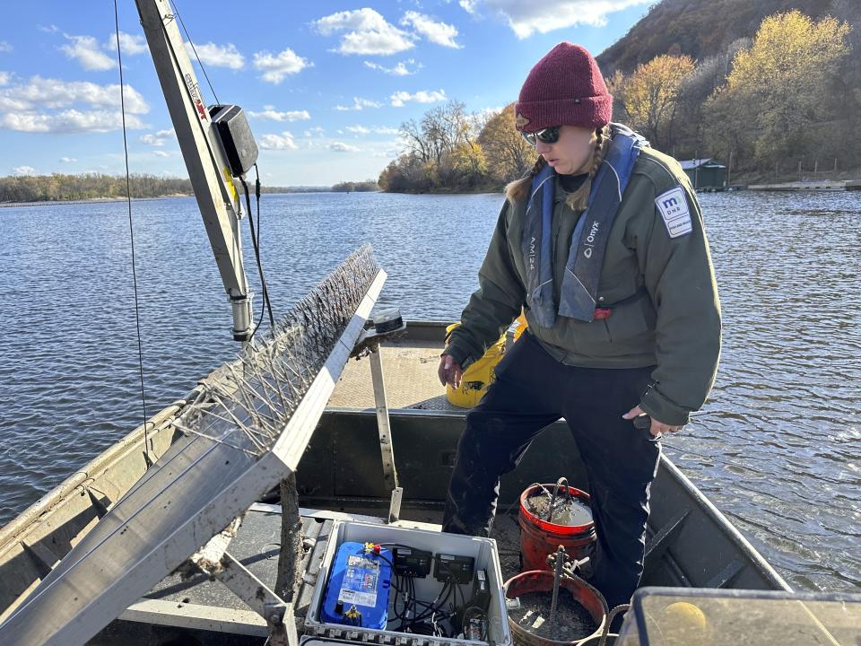 Minnesota Department of Natural Resources Invasive Carp Field Lead Kayla Stampfle inspects the components of a telemetry receiver that tracks tagged invasive carp in the Mississippi River near La Crosse, Wis. on Monday, Nov. 6, 2023. The solar-powered receiver can transmit real-time notifications of the movements of tagged invasive carp. (AP Photo/Todd Richmond)