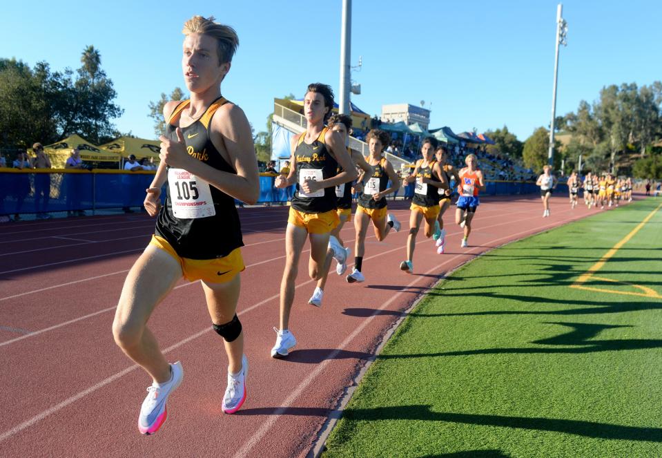 Newbury Park's boys cross country team sets the early pace in at the Marmonte League Cross Country finals in Agoura, Calif., on Thursday, Nov 04, 2021. The Panthers are the USA Today High School Sports Awards boys team of the year.