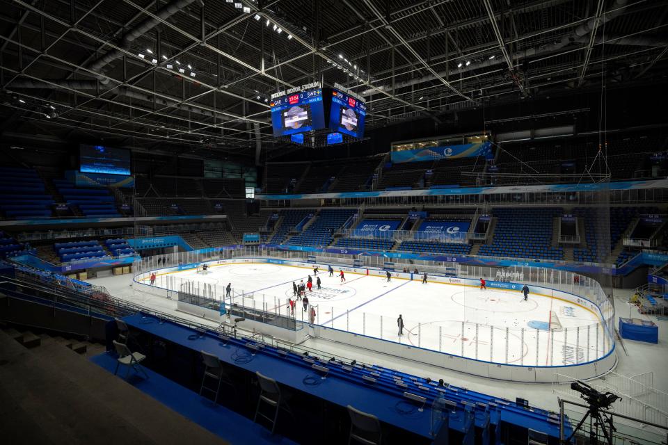 The China Ice Sports College hockey team practices on the ice during the Experience Beijing Ice Hockey Domestic Test Activity, a test event for the 2022 Beijing Winter Olympics, at the National Indoor Stadium.