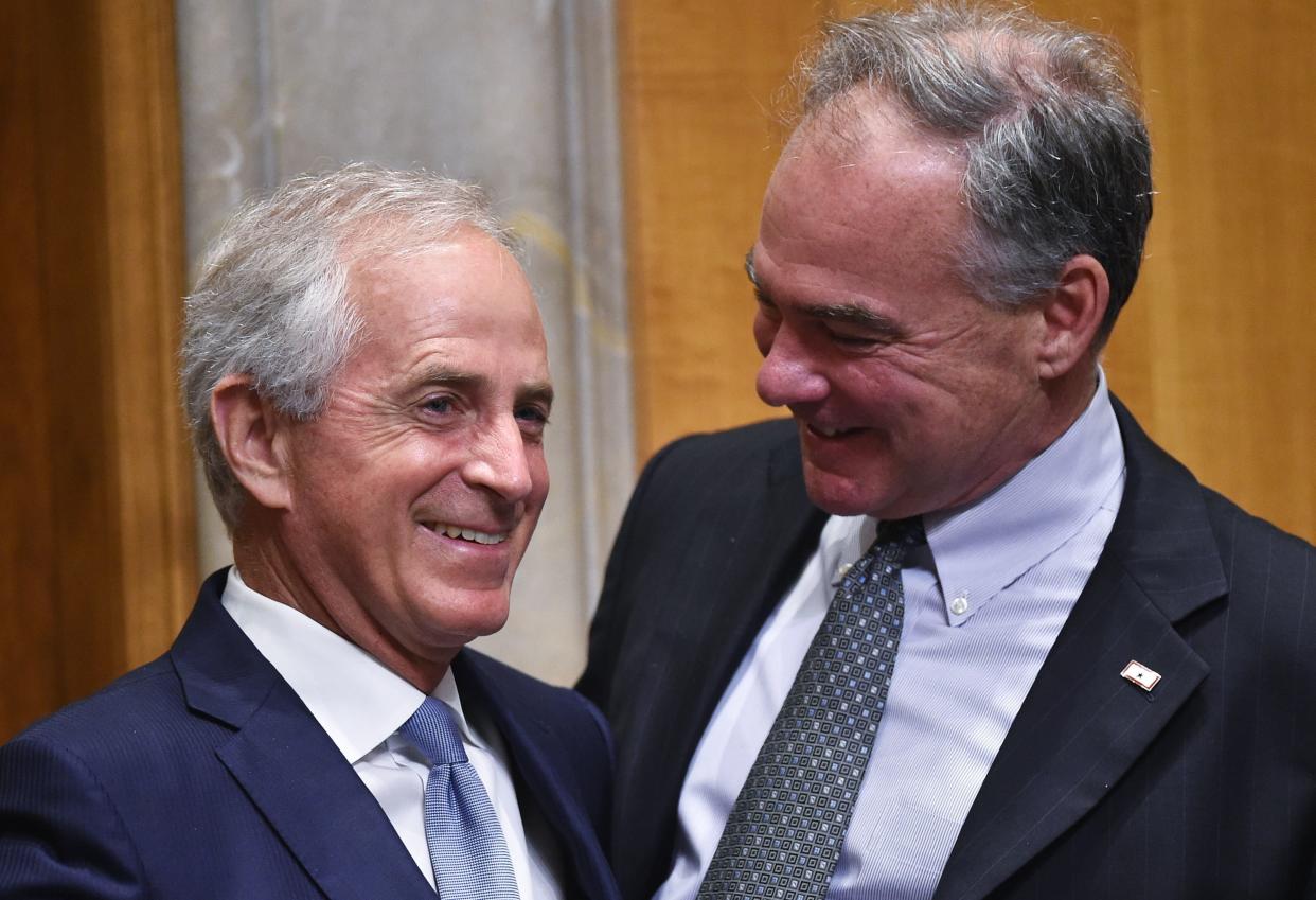 Senate Foreign Relations Committee Chairman Bob Corker (R-Tenn.), left, and Sen. Tim Kaine (D-Va.) on Capitol Hill in June 2016. The senators unveiled a new authorization for use of military force on Monday. (Photo: MANDEL NGAN via Getty Images)